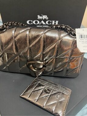 COACH Metallic Quilted Shoulder Bag and Card Case in Gunmetal